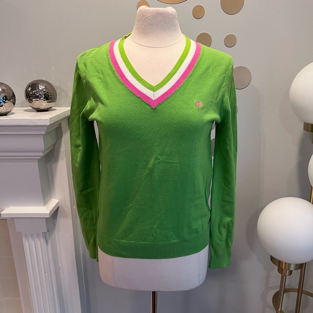 Lilly Pulitzer Green V-Neck Sweater with Pink and White Trim